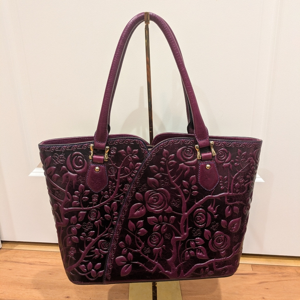 Pijushi EUC large Roses purple embossed and tooled tote Shoulder Bag Purse